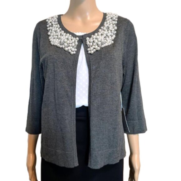 NWT Jana Women's Gray Cardigan with Beads and Pearls Accent - Picture 5 of 6